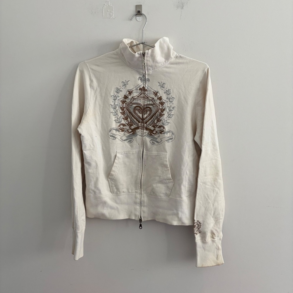 Roxy Womens Zip Up Mock Neck Graphic Sweatshirt Cream Large